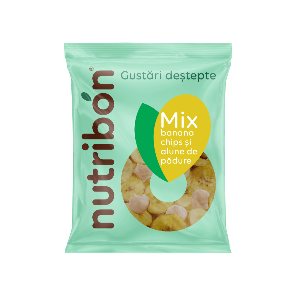 Mix banana chips şi alune de pădure 50g